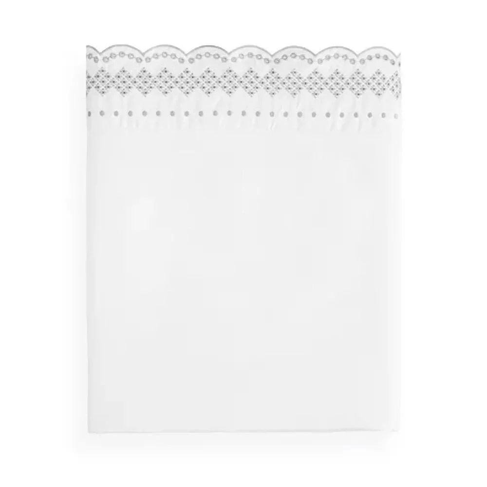 Sky Scalloped Grey Embroidered Flat Full Sheet, NEW